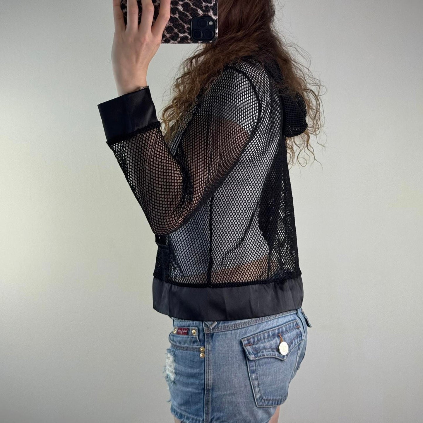 Y2K vintage fishnet mesh perforated zip up hoodie lightweight sheer see through