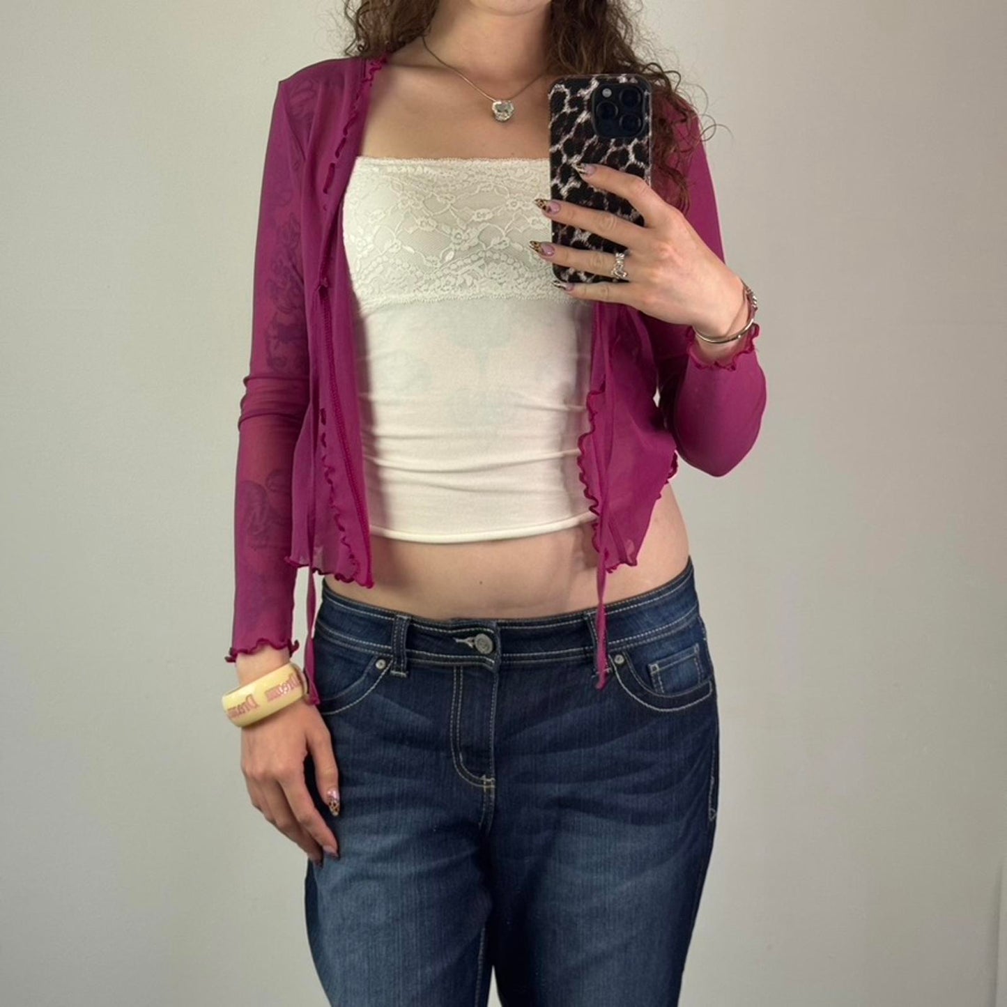 Y2K vintage Bay pink mesh long sleeve cardigan tie bow front lettuce hem cropped