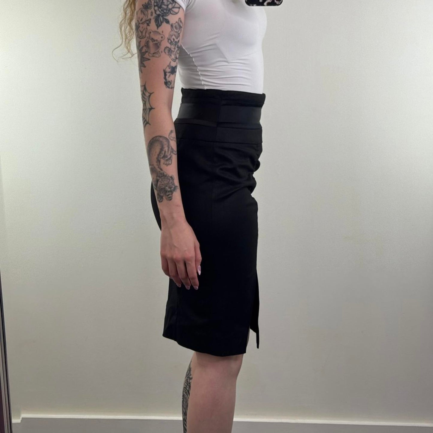 Y2K vintage River Island midi skirt office ruched fitted tailored thigh slit