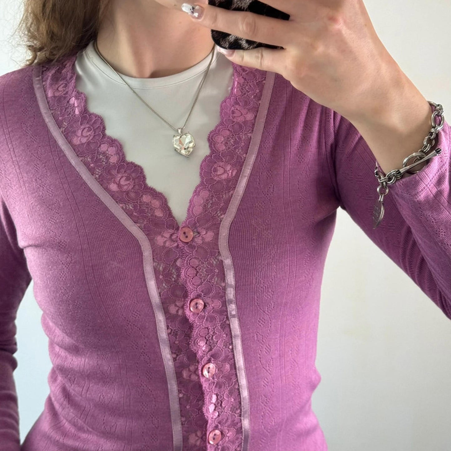 Y2K vintage fine knit button up lace trim long sleeve cardigan v neck fitted