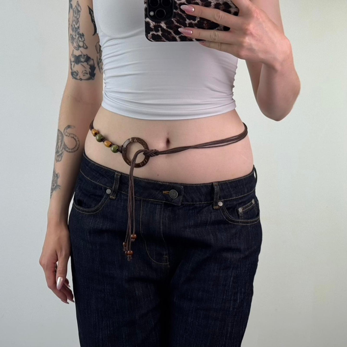 Y2K vintage string wooden beaded belt o ring brown yellow green tassel