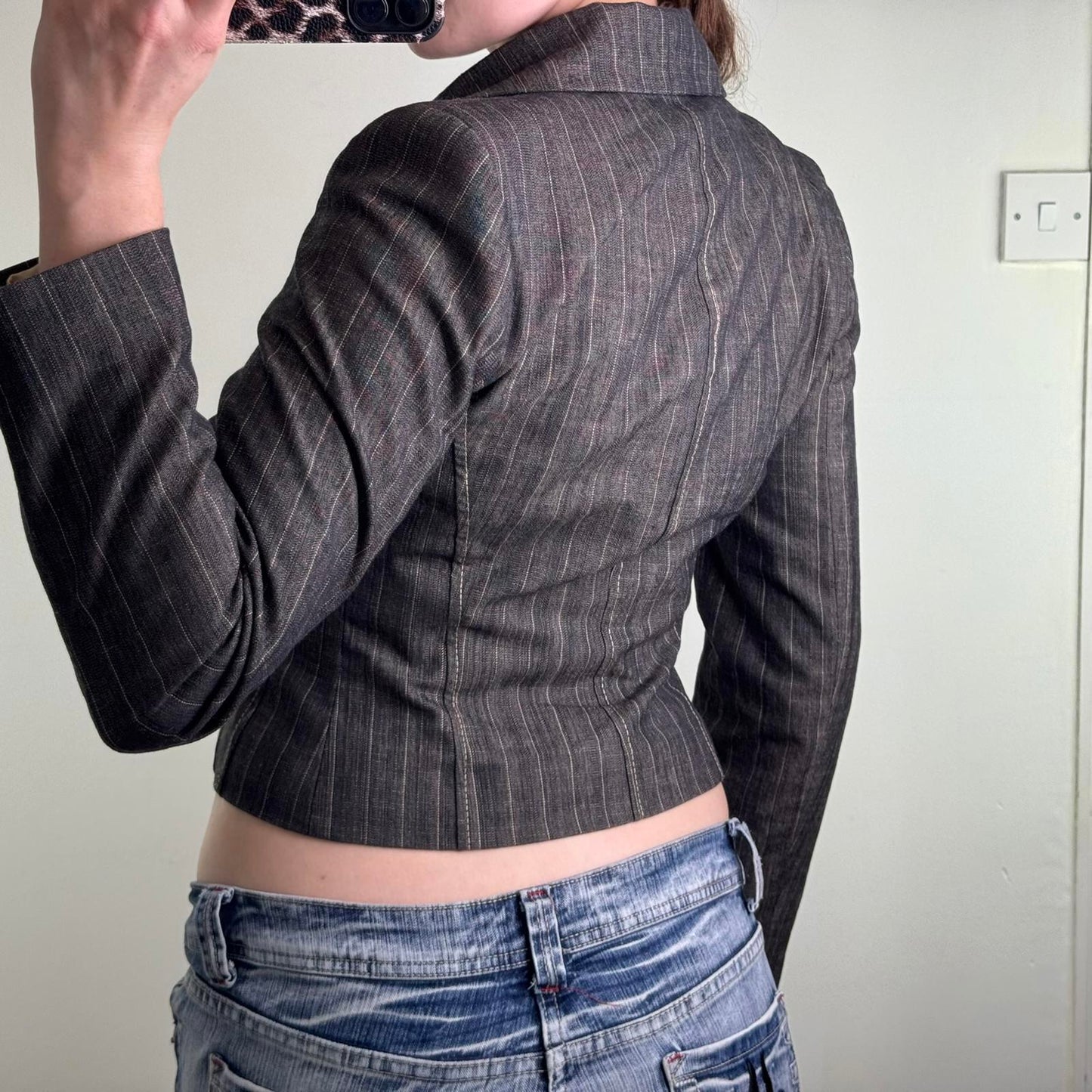 Y2K vintage pinstripe crop blazer bow open front shoulder pads tailored office