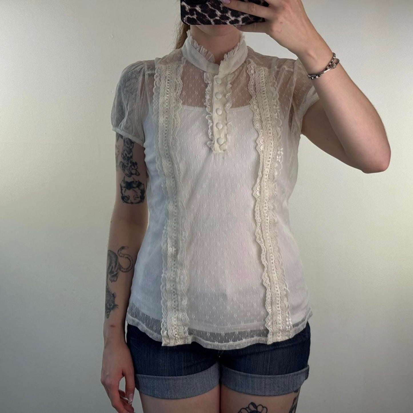 Y2K vintage mesh sheer short sleeve top coquette frilly button up high neck
