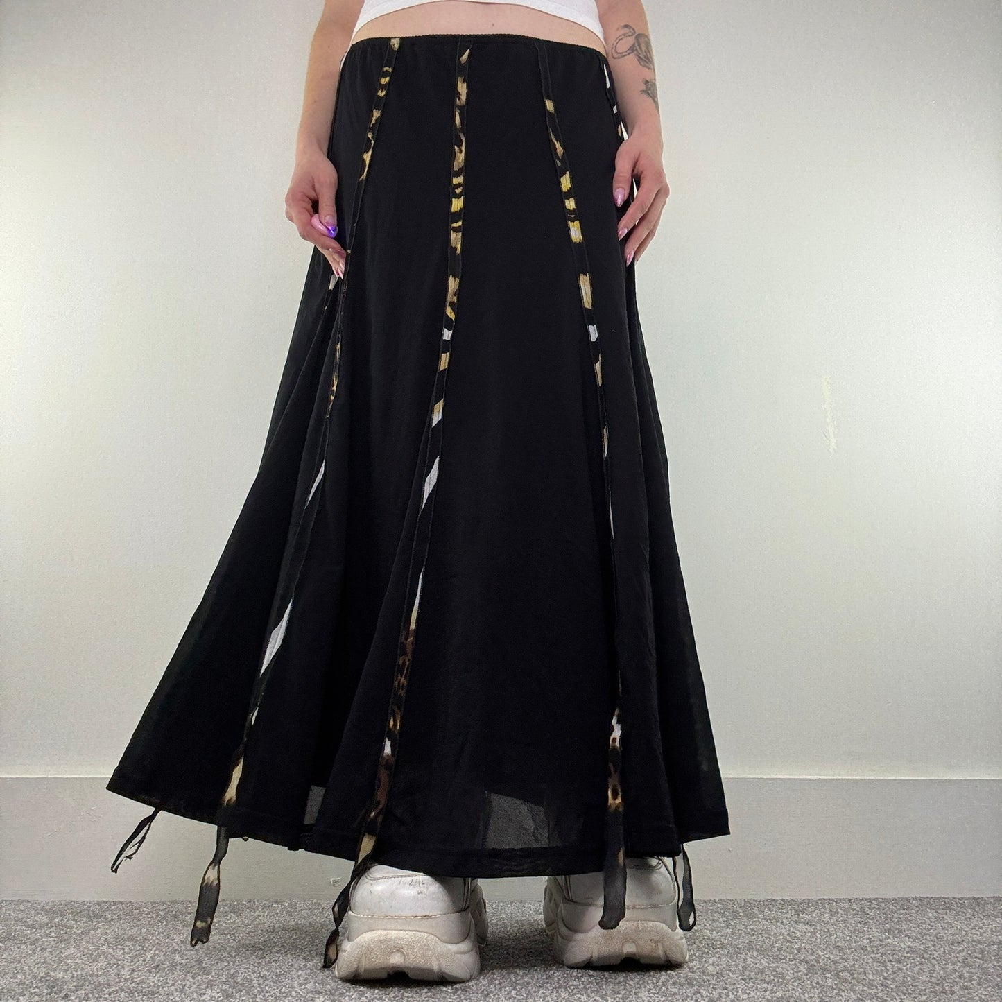 Y2K vintage mesh maxi skirt leopard print tassel archive avant garde piping