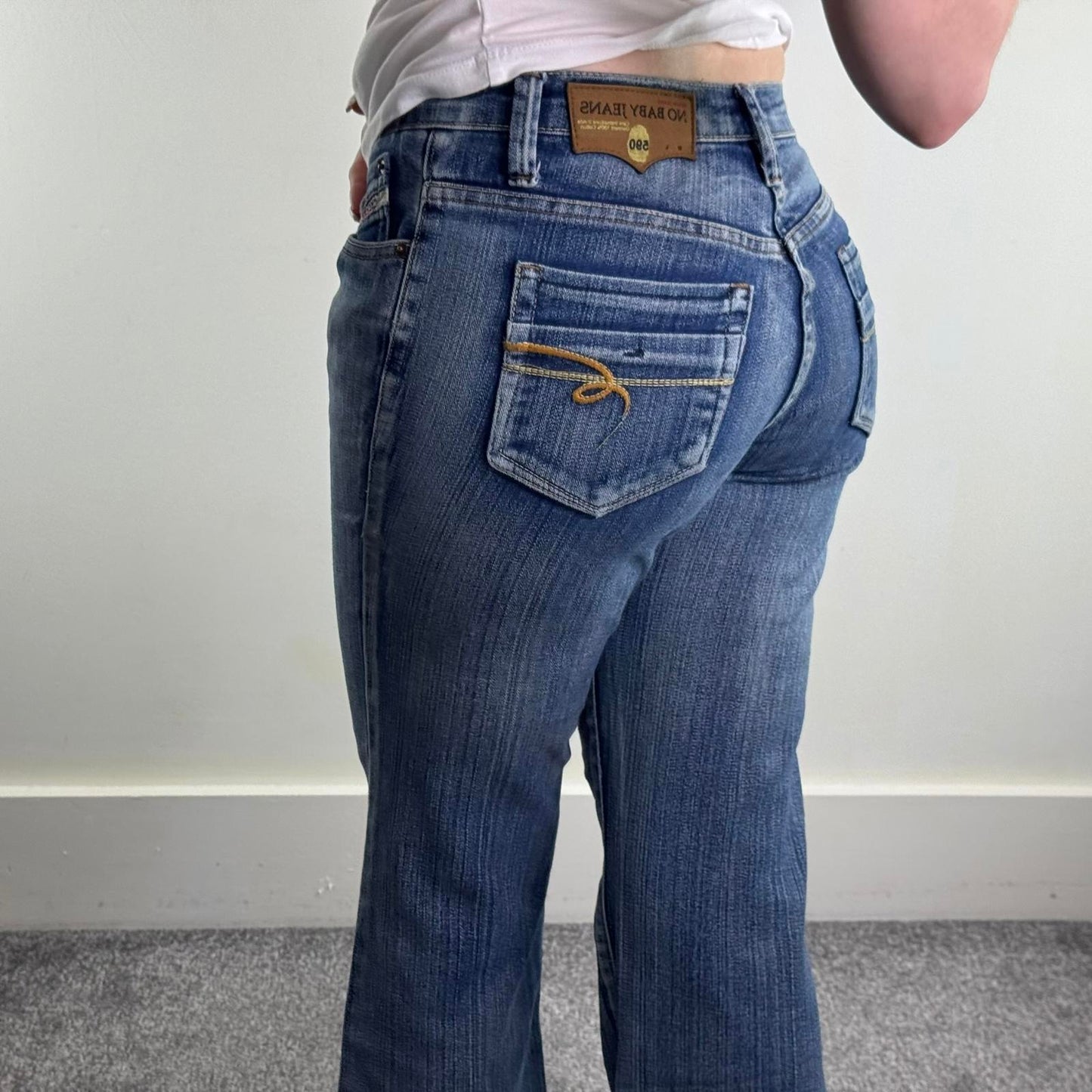 Y2K vintage mid rise bootcut flare denim jeans stretchy faded embroidered