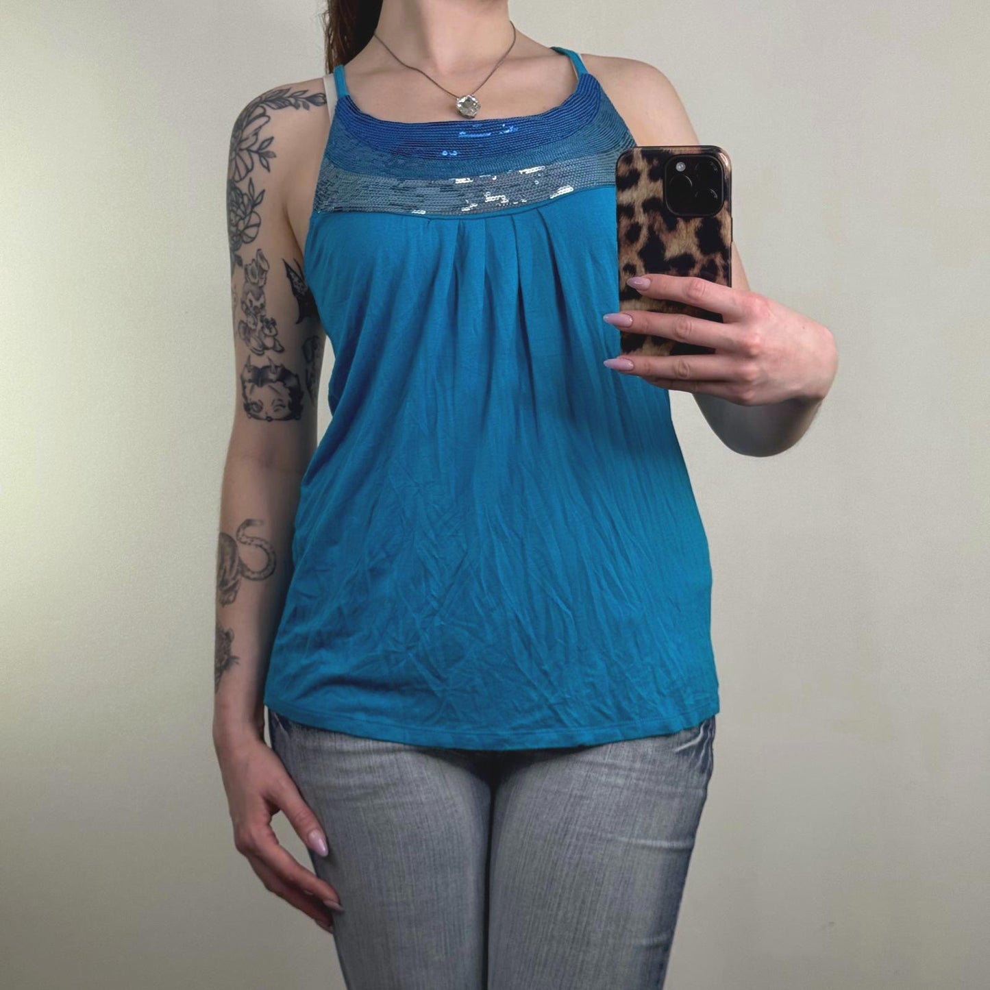 Y2K sequin cami top ruched racerback stretchy stripe party flowy blue