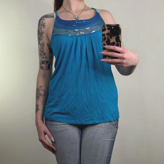 Y2K sequin cami top ruched racerback stretchy stripe party flowy blue