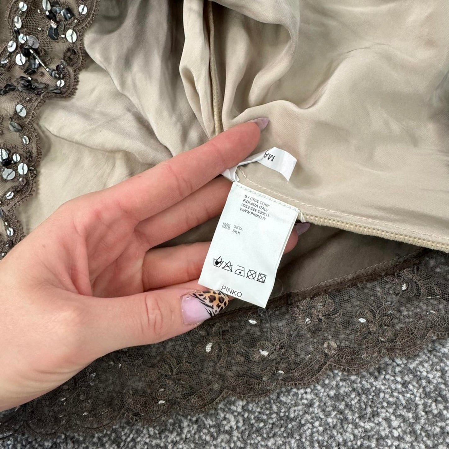 Y2K vintage Pinko 100% silk ombre sequin beaded embellished mini dress lace trim