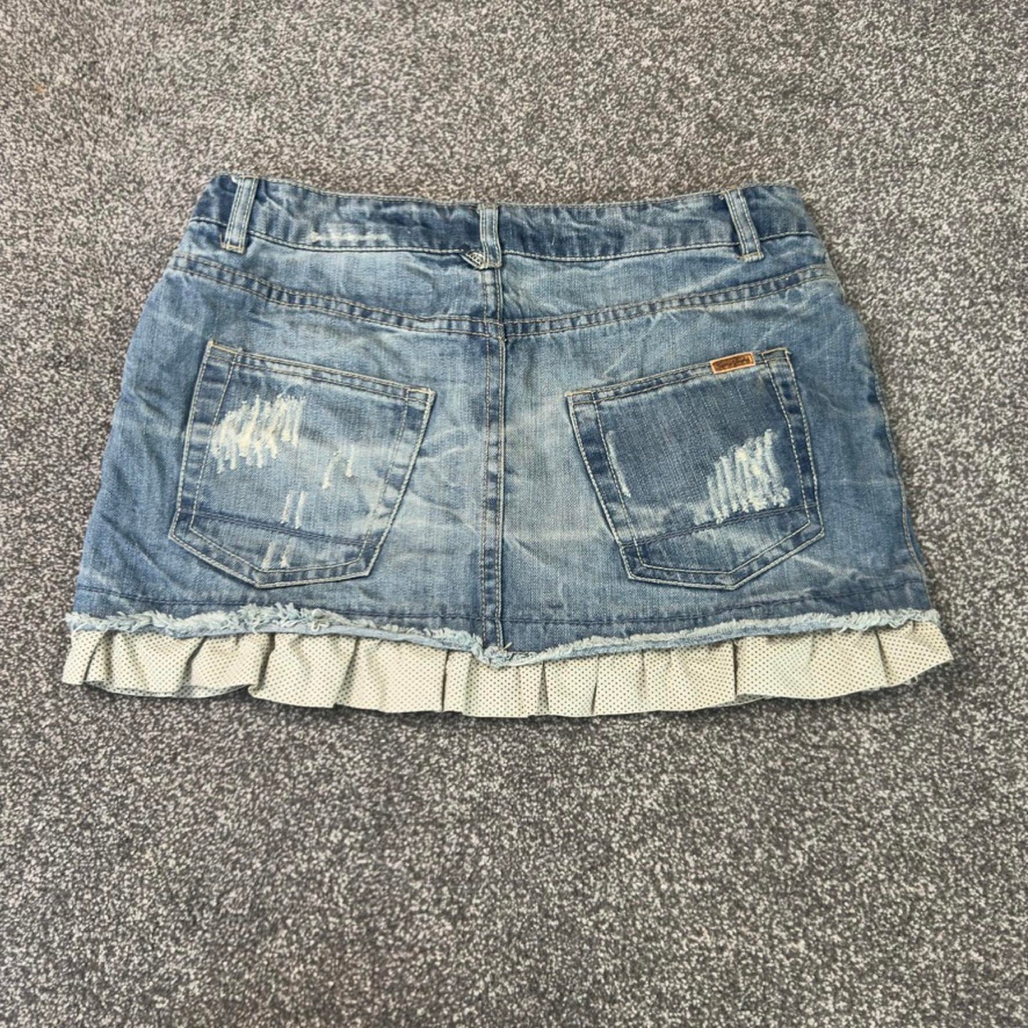 Y2K vintage polka dot hem distressed denim mini skirt coquette summer mid rise