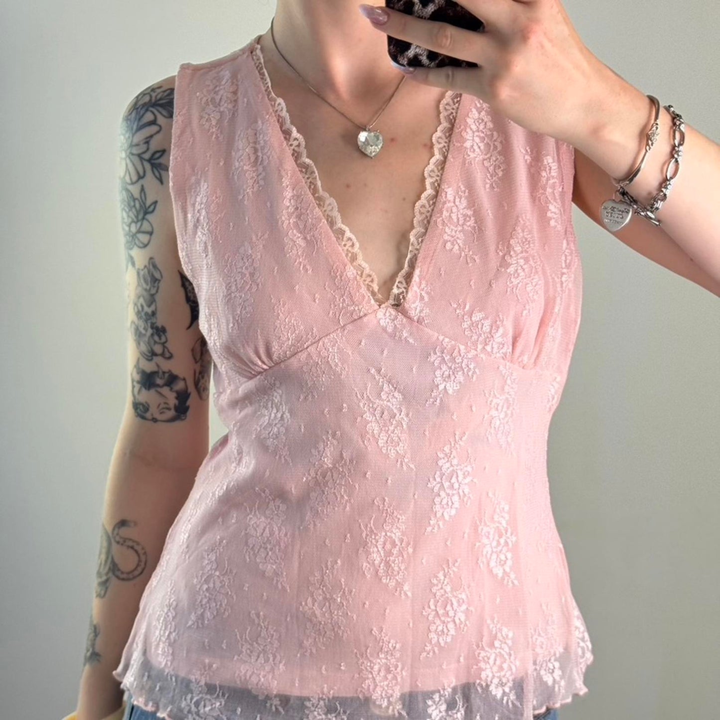 Y2K vintage lace mesh overlay tank top v neck frill trim baby pink stretchy