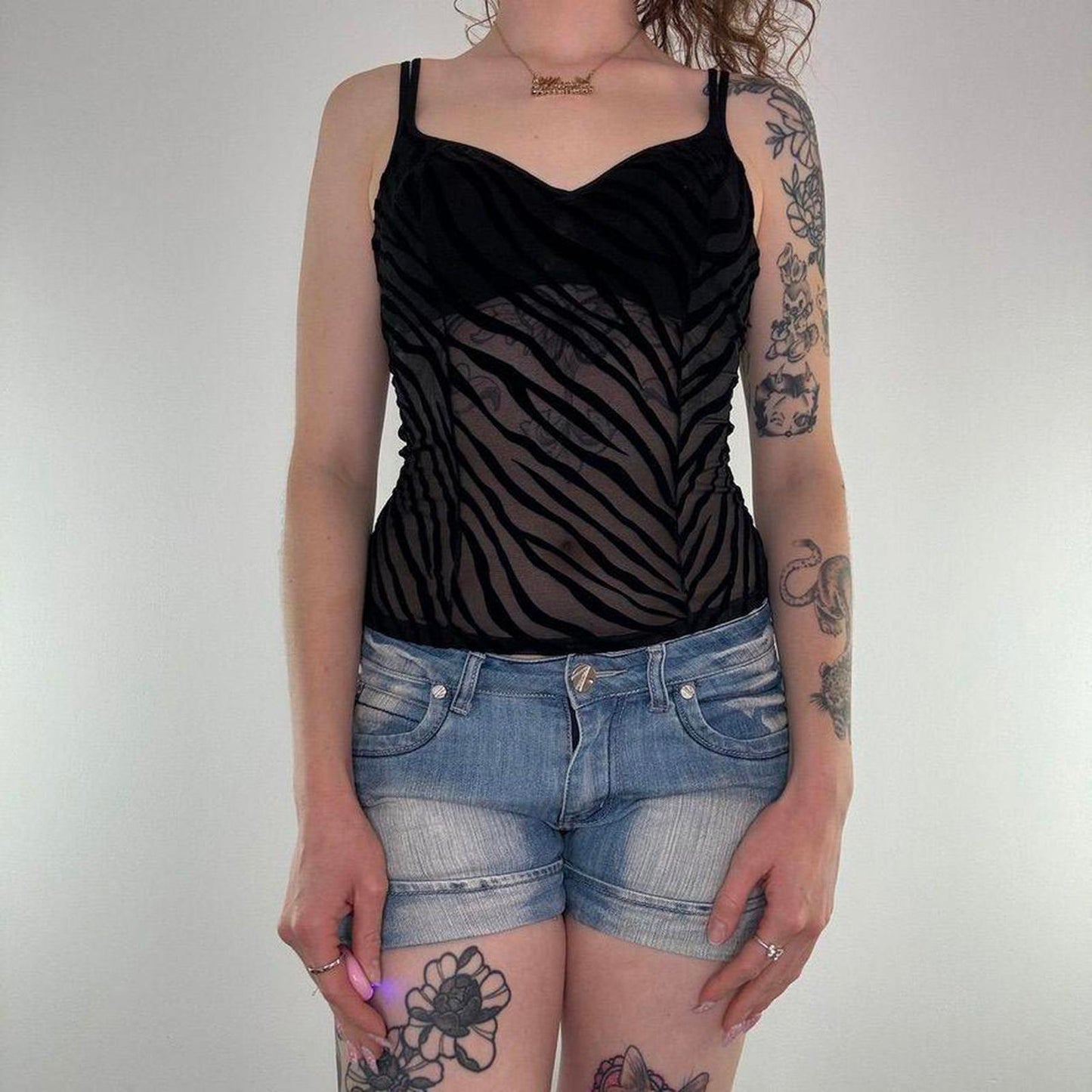 Y2K vintage zebra print mesh underwire cami top v neck stretchy built in bra 34B