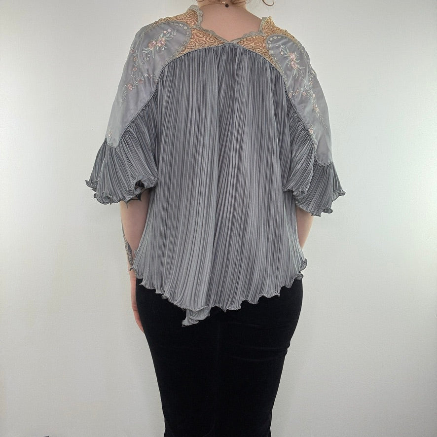 Vintage 70s Janice Wainwright silk floral embroidered pleated floaty blouse top