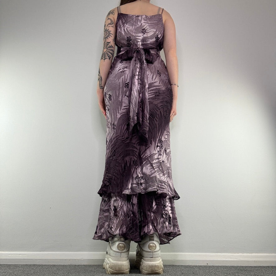 Y2K silk floral bow tiered maxi dress