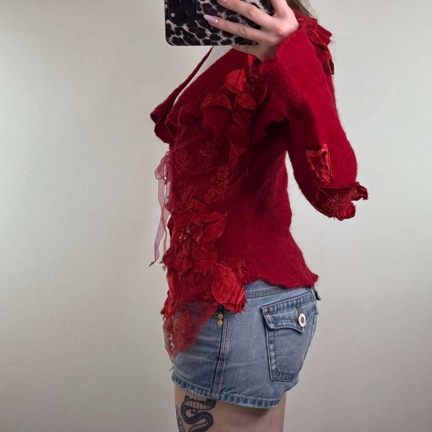 Y2K vintage mohair/ silk knit cardigan lace trim 3D flowers bow patchwork