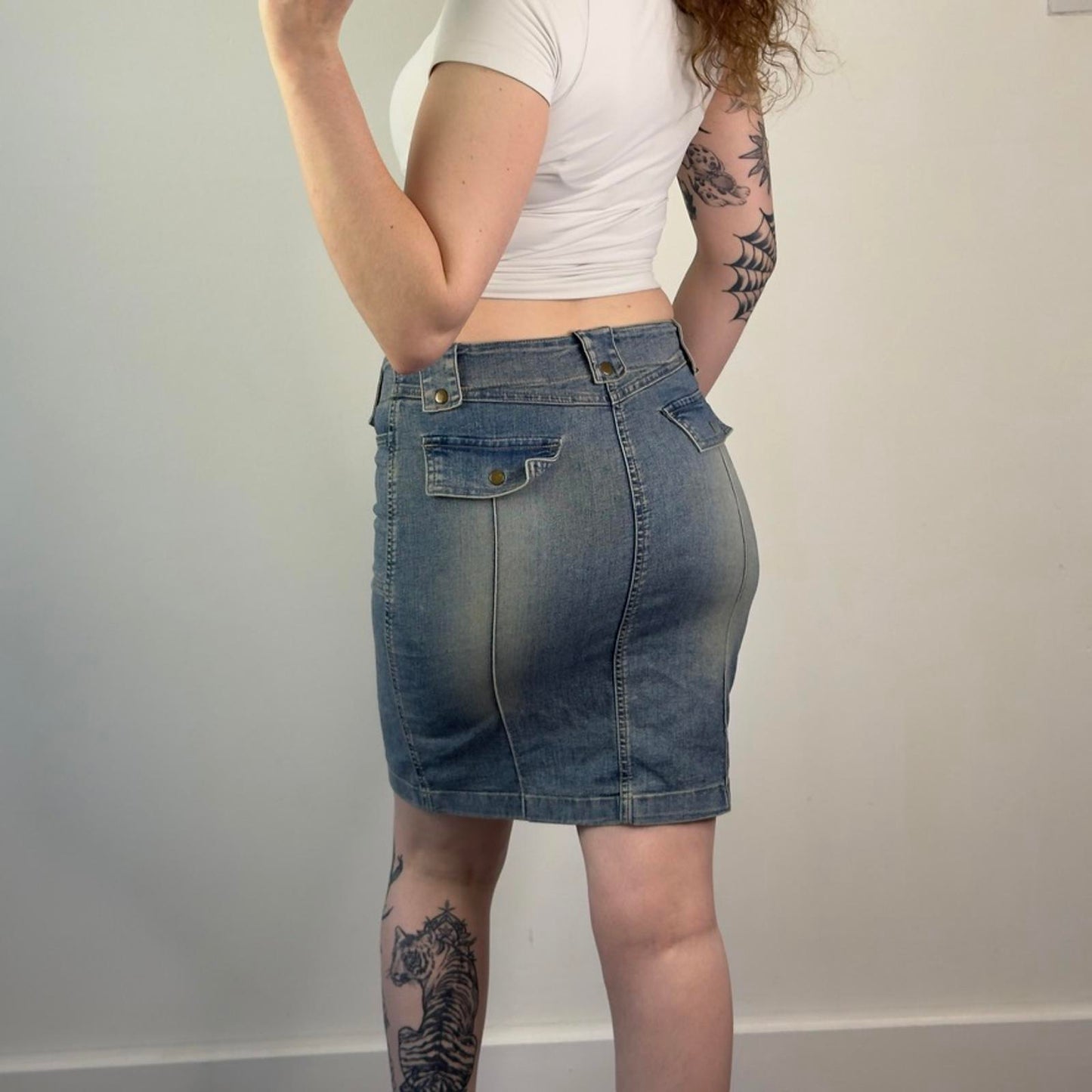 Y2K vintage fitted stretchy faded denim zipper front archive midi skirt cargo