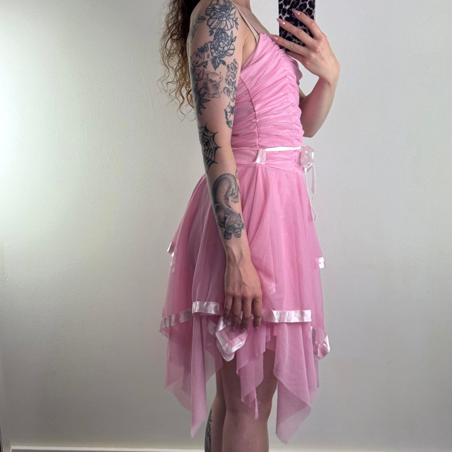 Y2K vintage fairy mesh asymmetrical midi dress layered ruffle satin baby pink