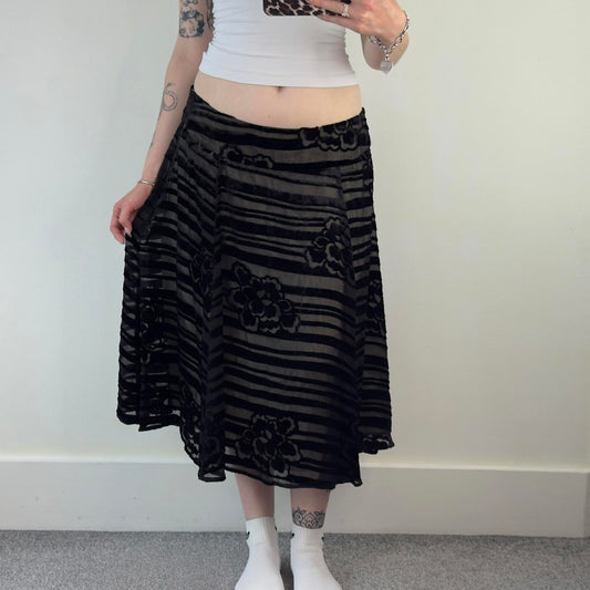 Y2K vintage part silk striped midi skirt a line black beige double overlay lined