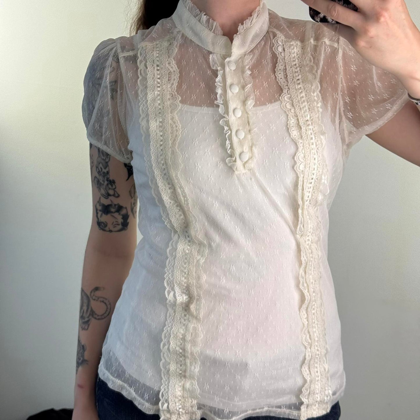 Y2K vintage mesh sheer short sleeve top coquette frilly button up high neck