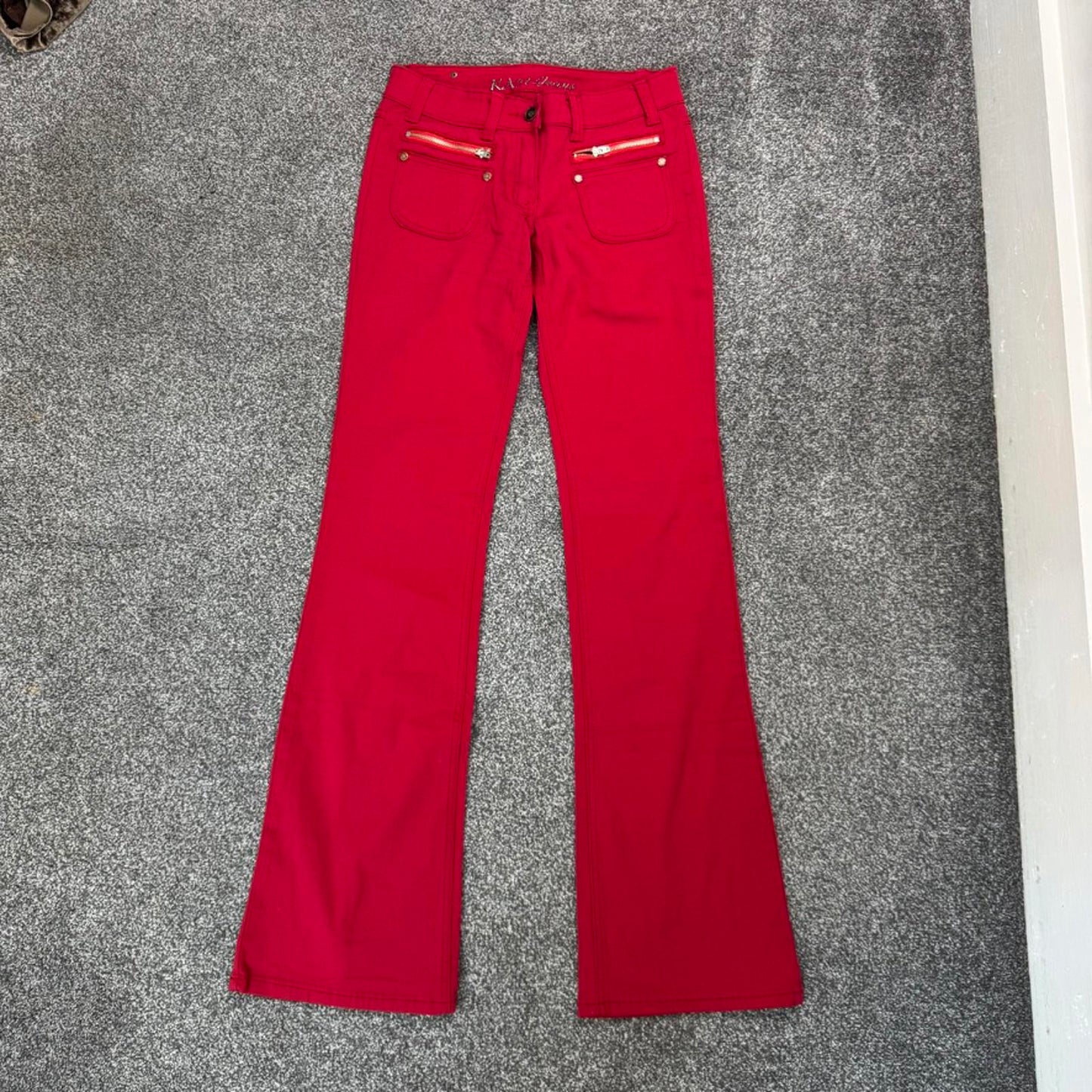 Y2K vintage low rise stretch bootcut jeans embroidered pockets bright red zipper