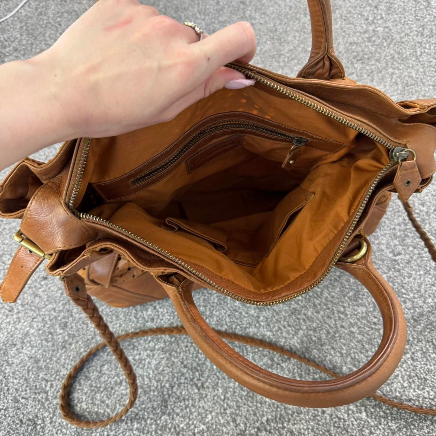 Oversized genuine perforated leather handbag braided strap large buckles boho