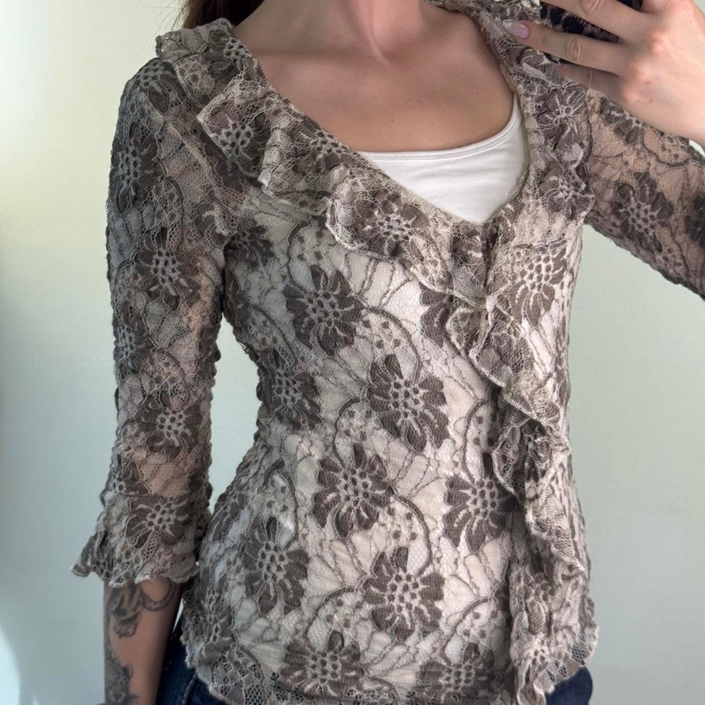 Y2K vintage lace frilly 3/4 sleeve top v open neck floral flower ruffle sheer