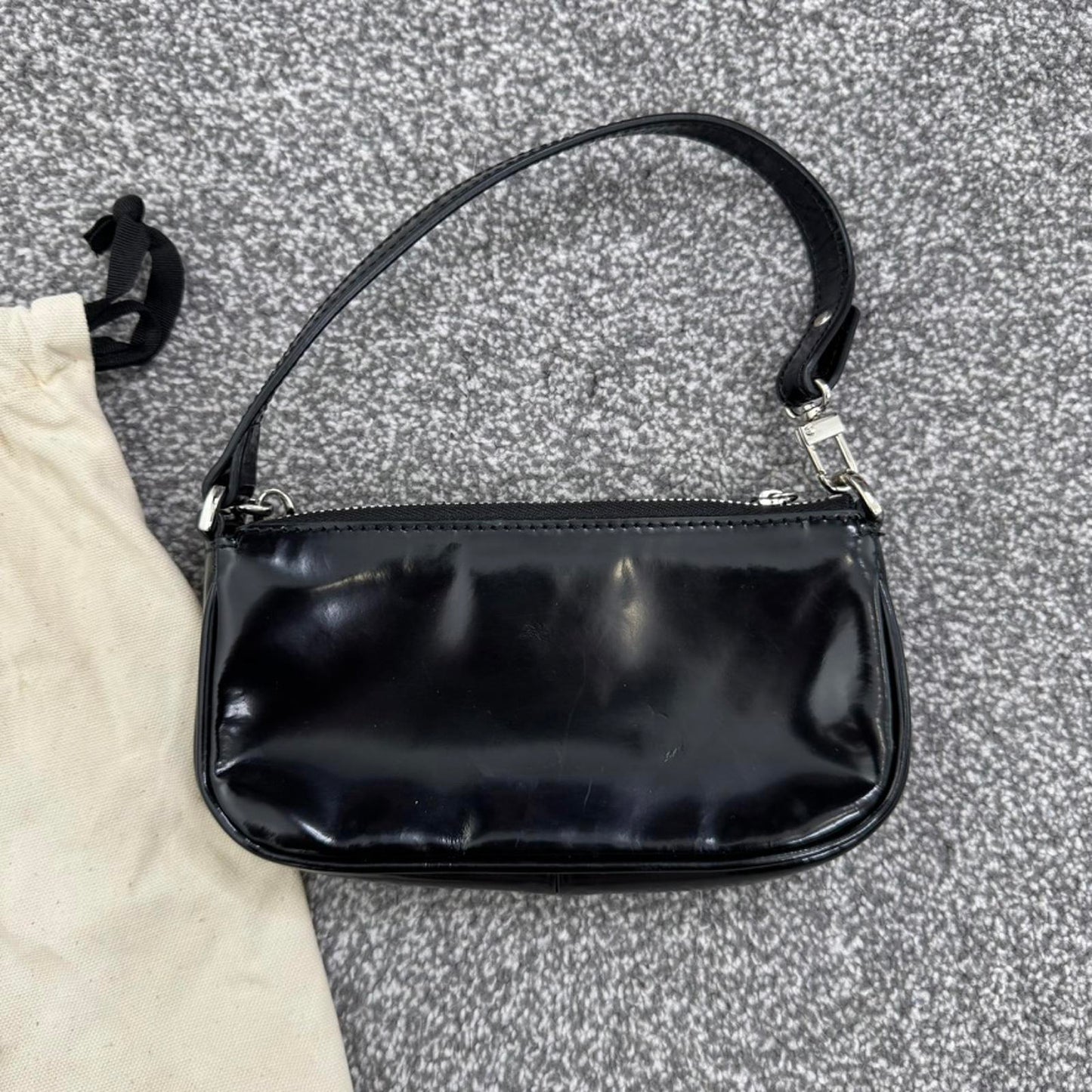 By FAR faux leather patent mini micro handbag chain small black silver dust bag