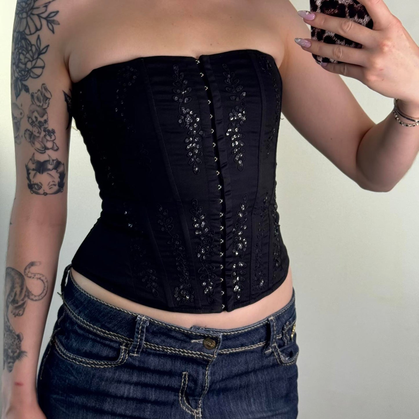 Y2K vintage boned strapless sequin top embellished hook and eye structured