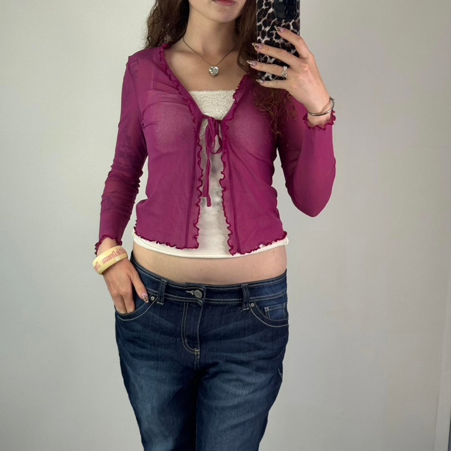 Y2K vintage Bay pink mesh long sleeve cardigan tie bow front lettuce hem cropped