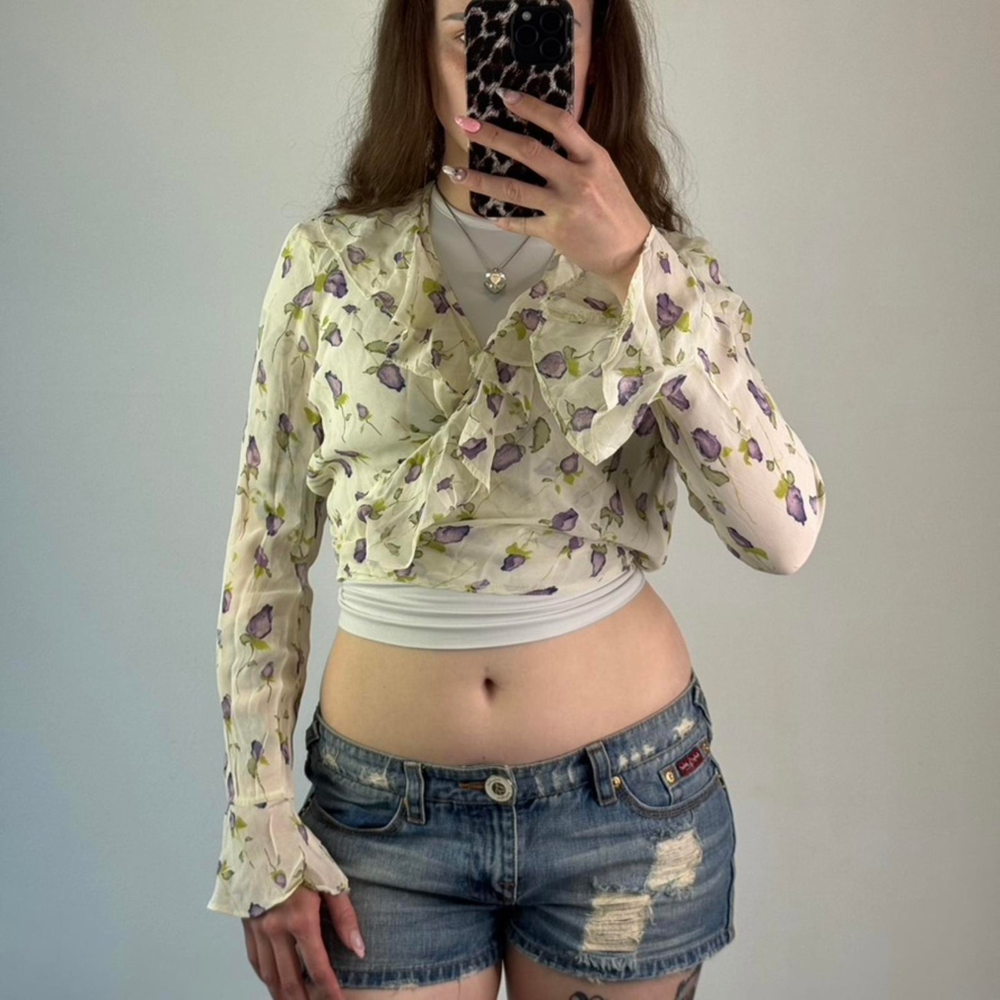 Y2K vintage Oasis floral cropped frilly cardigan tie back bow frill wraparound