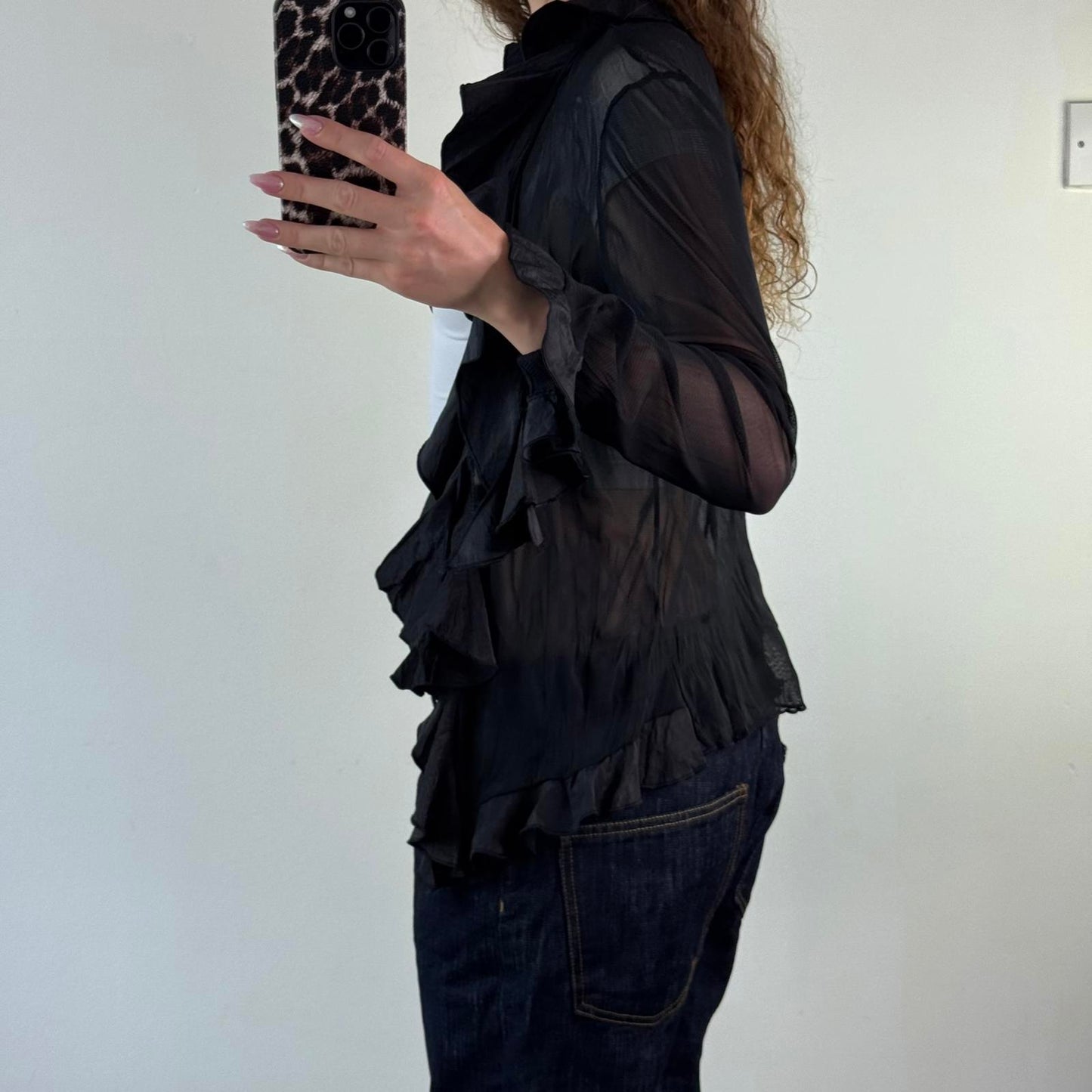 Y2K vintage sheer ruffle cardigan button up flare bell sleeve black v neck