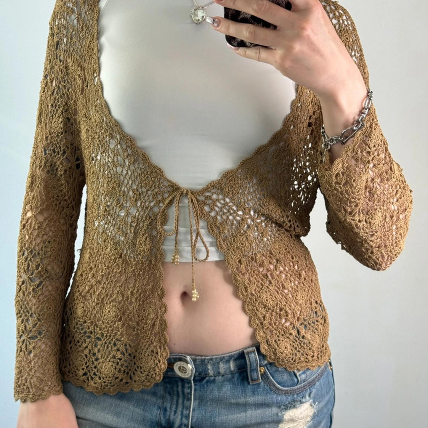 Y2K vintage crochet floral long sleeve cardigan boho tie bow front sheer summer