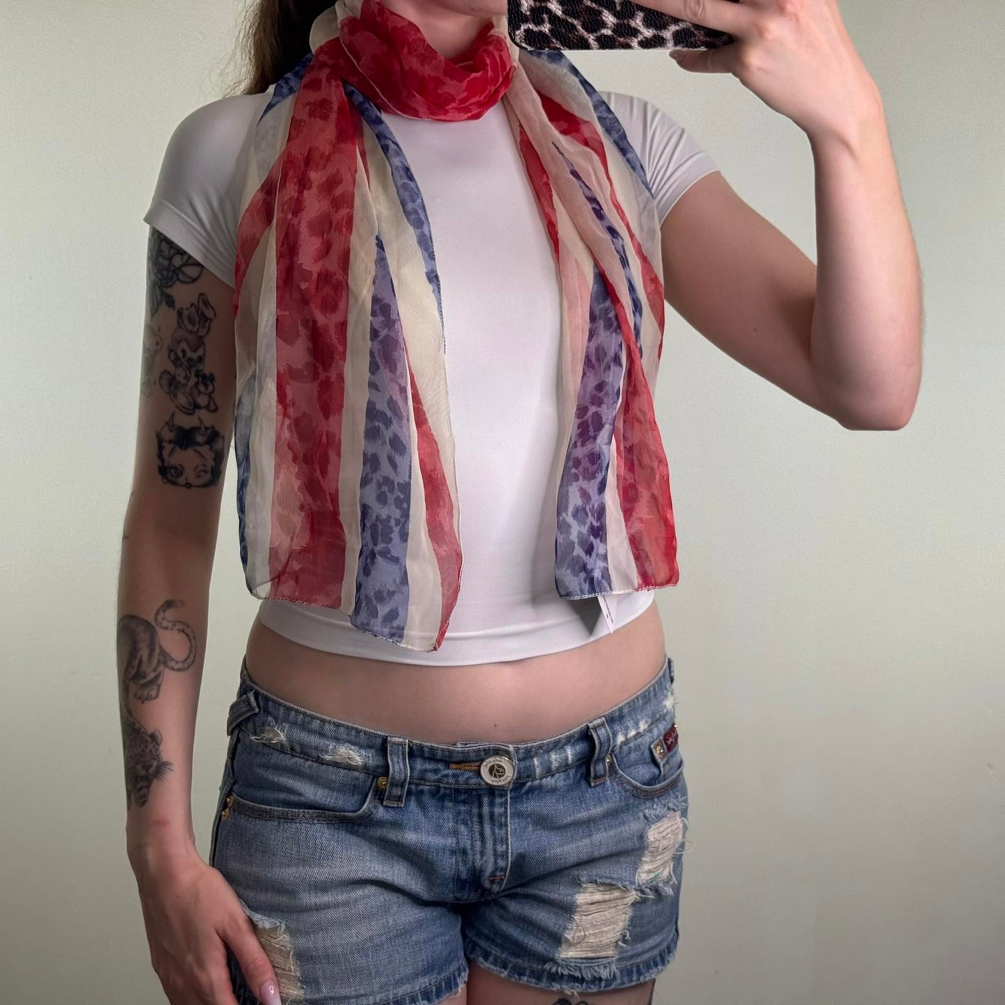 Y2K vintage leopard print Union Jack scarf sheer lightweight