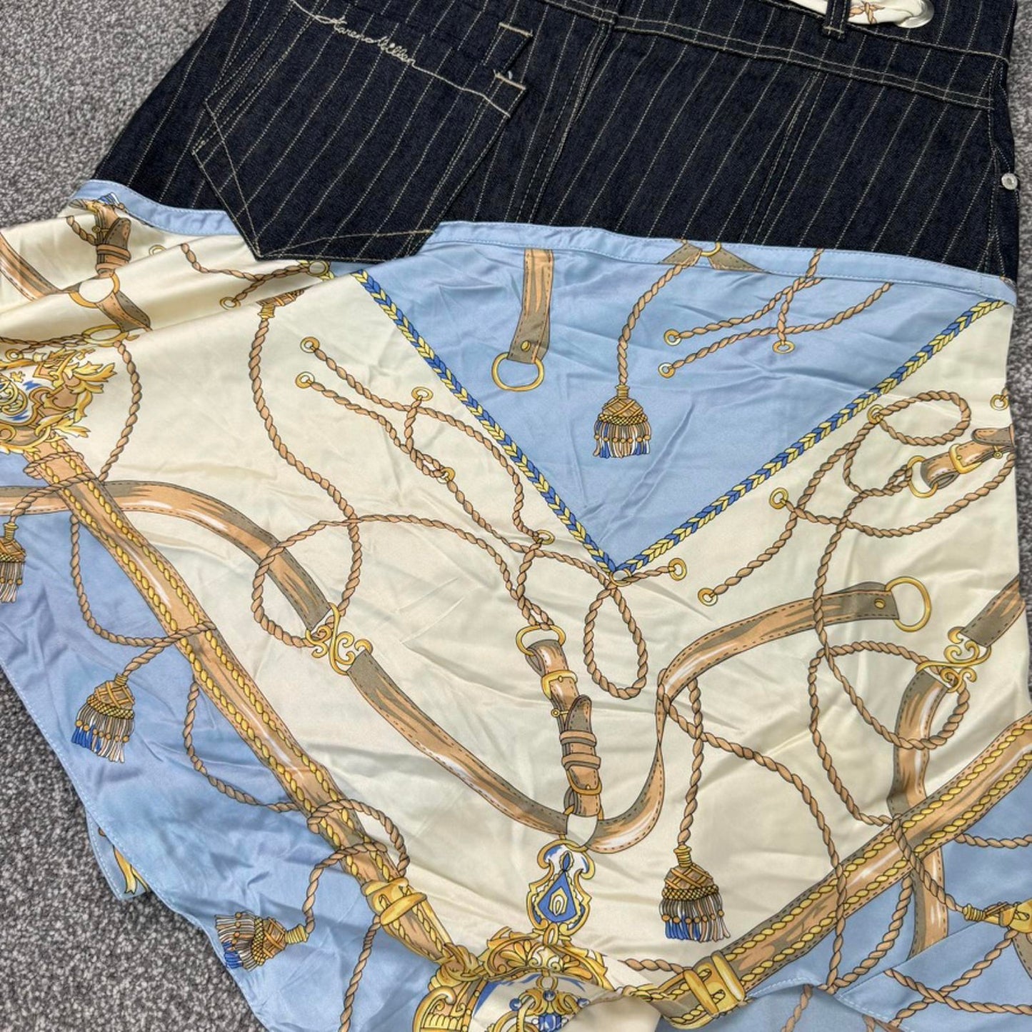 Y2K vintage Karen Millen denim pinstripe silk midi skirt asymmetrical ruffle