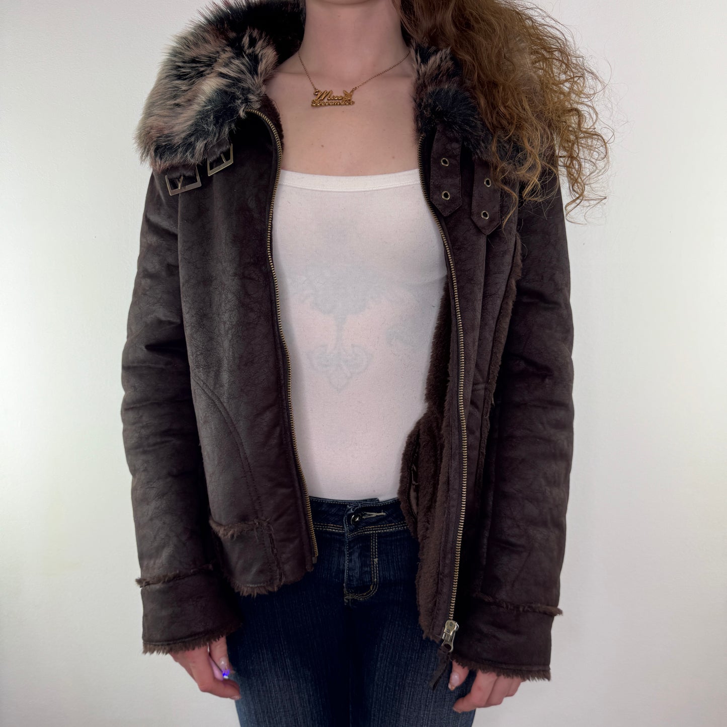 Y2K vintage faux suede zip up jacket faux fur collar trim