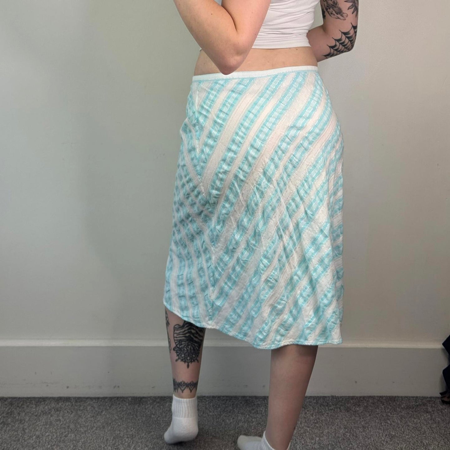 Y2K vintage stripe sparkly midi skirt diagonal white baby blue stripy a line