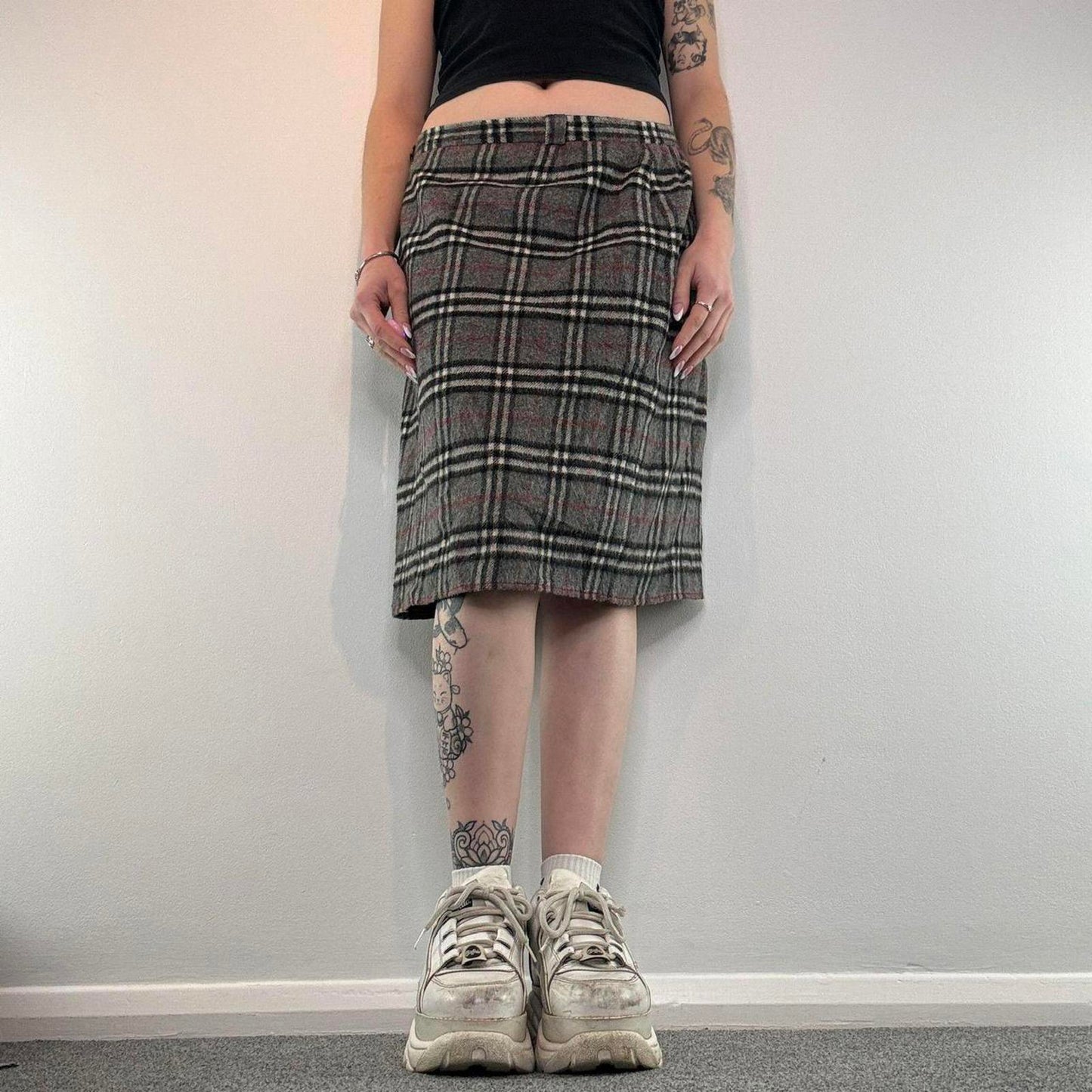 Y2K vintage wool nova check midi skirt knee length print grey