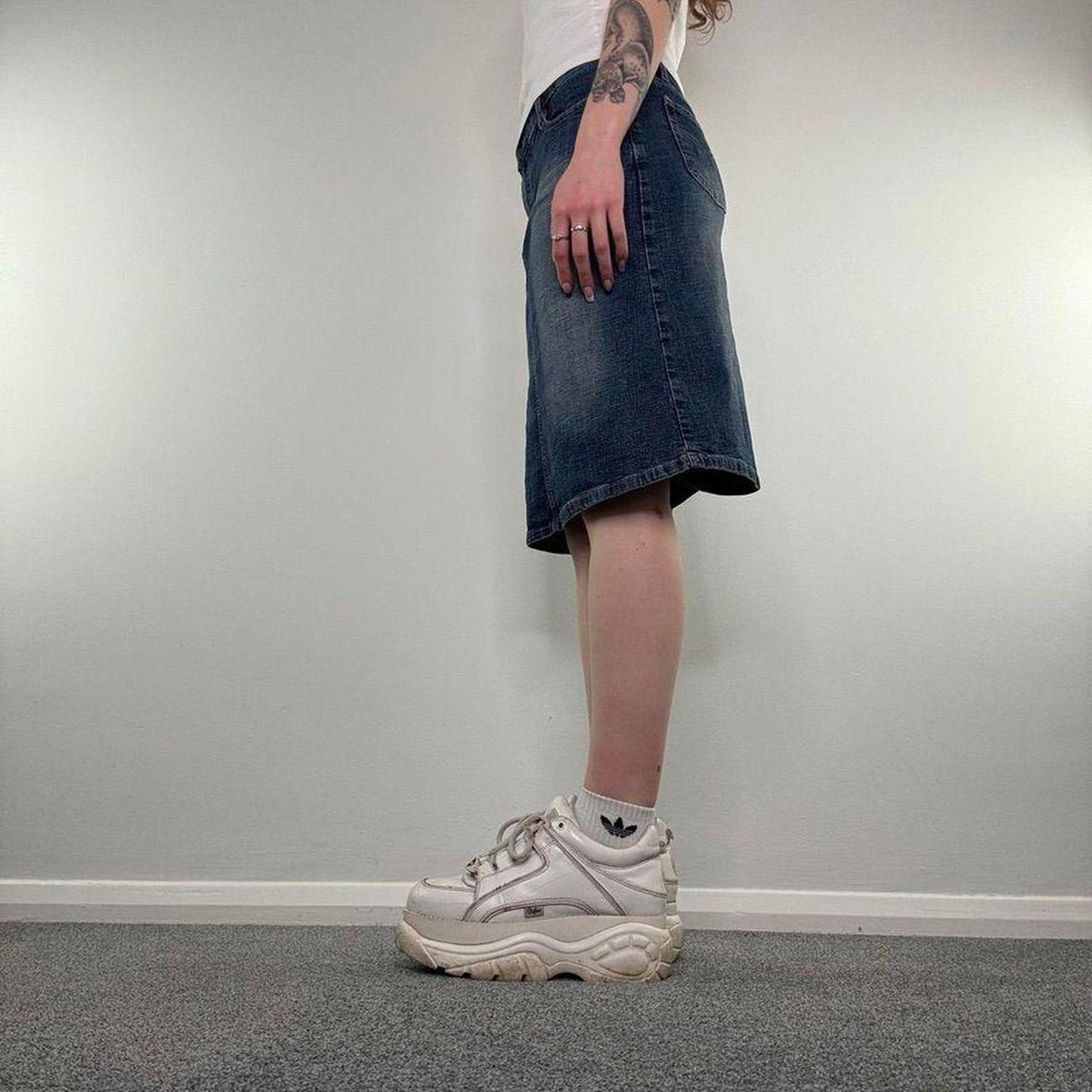 Y2K vintage faded denim midi skirt knee length mid blue
