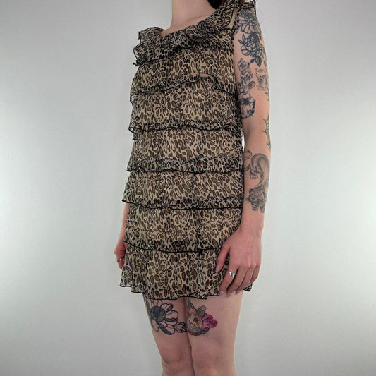 Y2K vintage leopard print frilly tiered mini dress ruffle round neck sleeveless