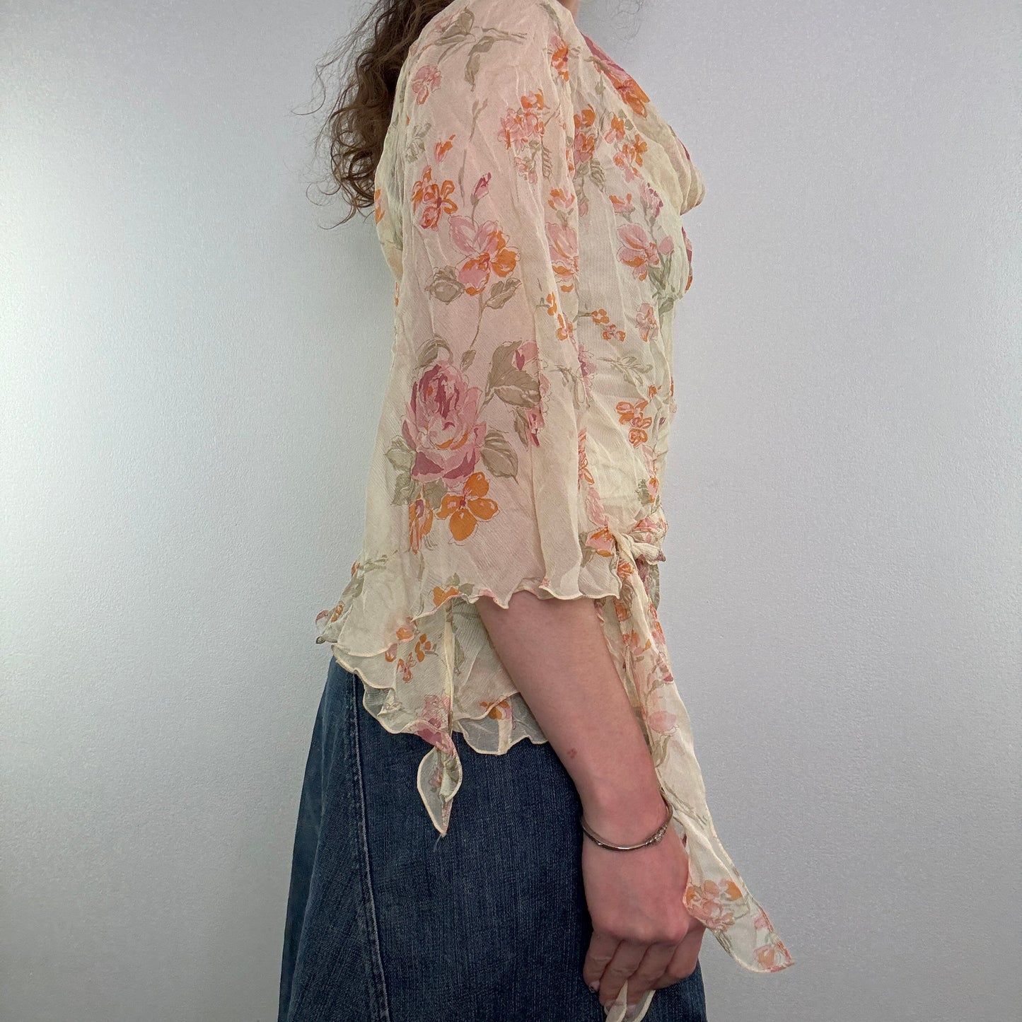 Y2K silk floaty sheer bow flare sleeve top