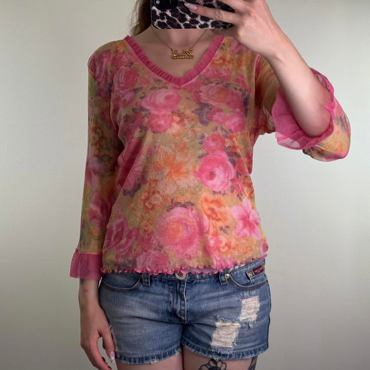 Y2K vintage floral double mesh overlay 3/4 sleeve top v neck frill pink orange