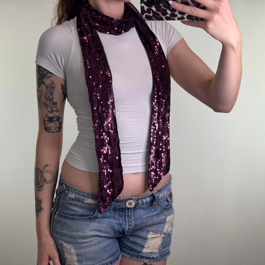 Y2K vintage sequin skinny scarf purple embellished party thin
