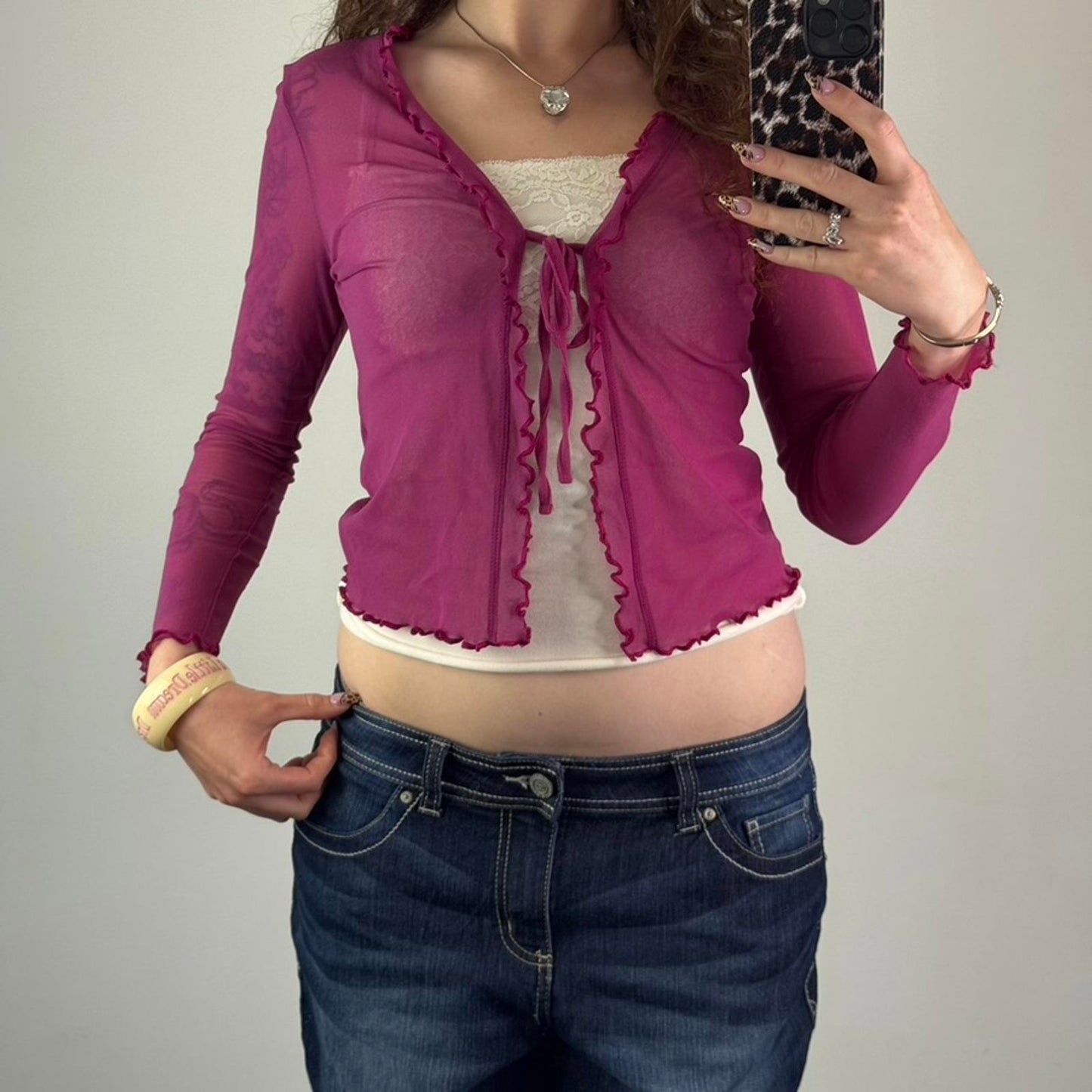 Y2K vintage Bay pink mesh long sleeve cardigan tie bow front lettuce hem cropped