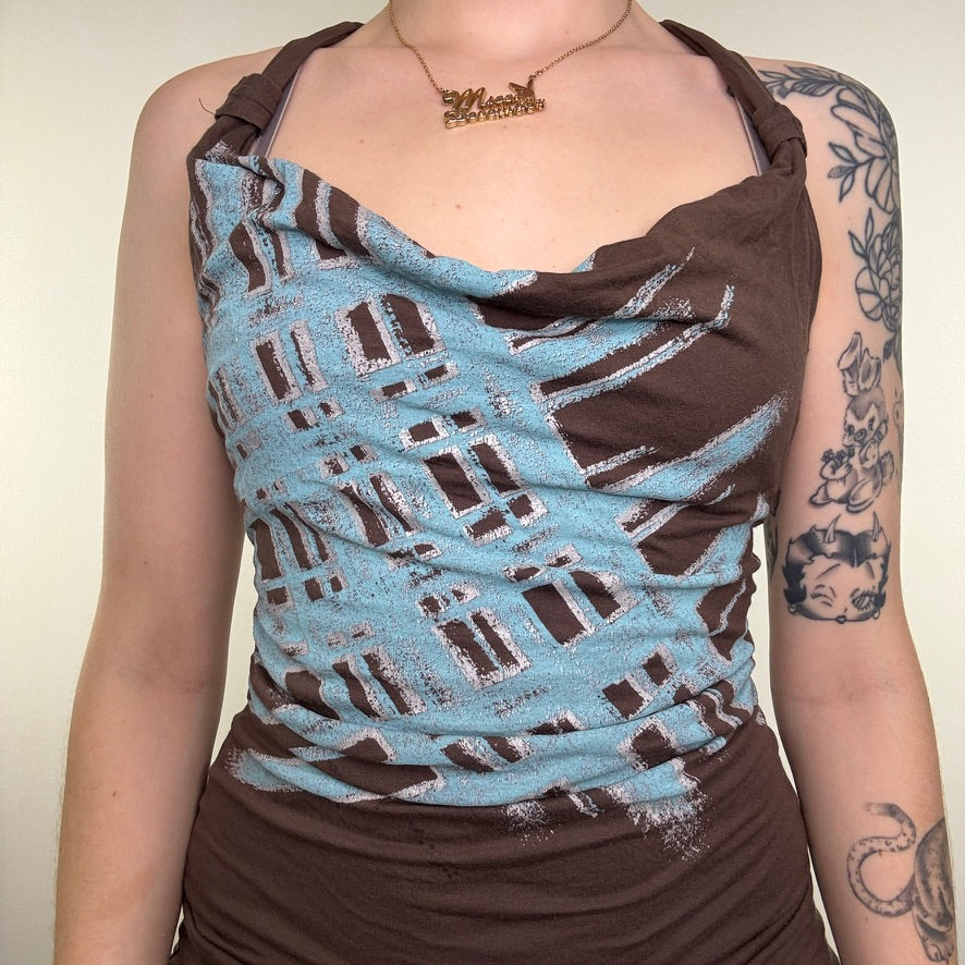 Y2K vintage Jane Norman tank top blue pattern abstract racer cowl neck