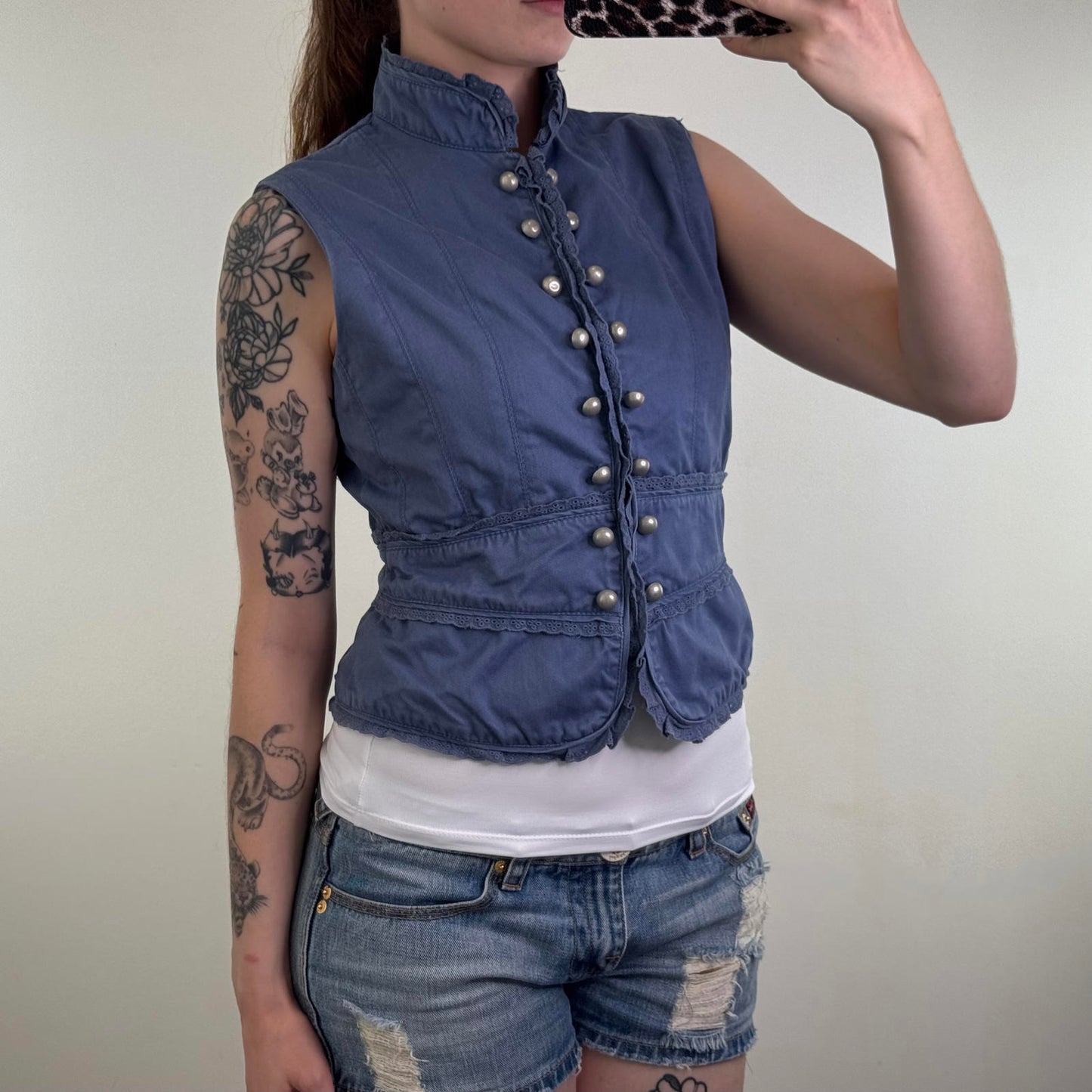Y2K vintage hook and eye denim waistcoat top military high neck sleeveless