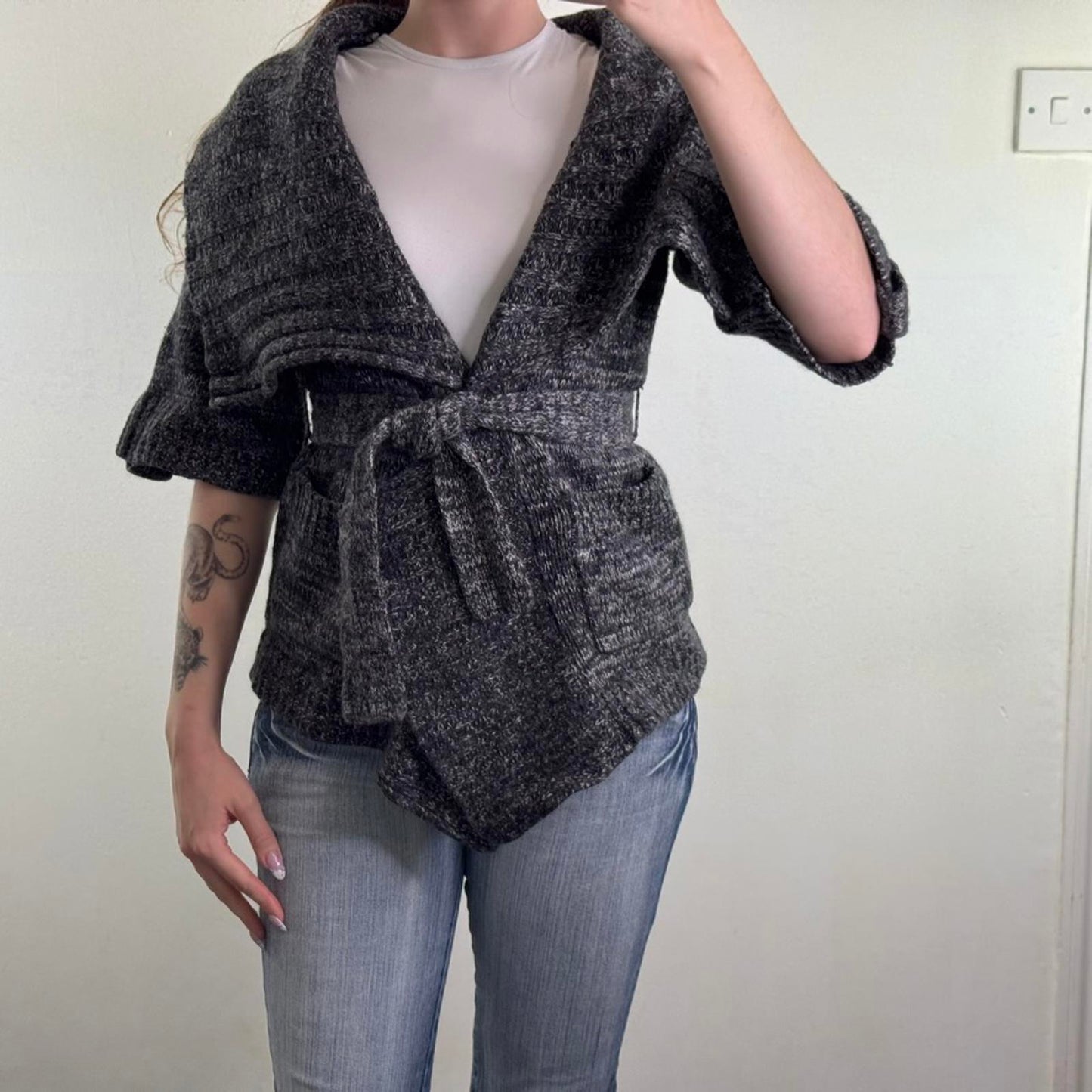 Vintage Karen Millen cashmere angora wool blend short sleeve cardigan belt