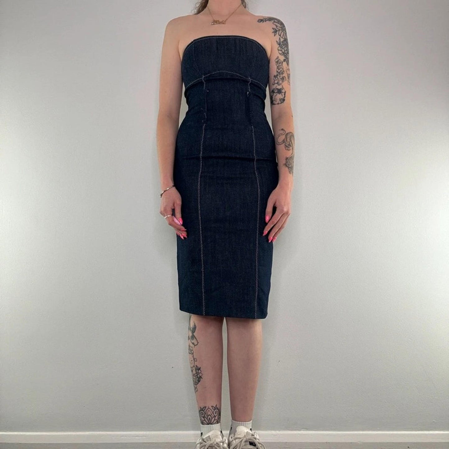 Y2K vintage fitted strapless denim midi dress contrast stitch