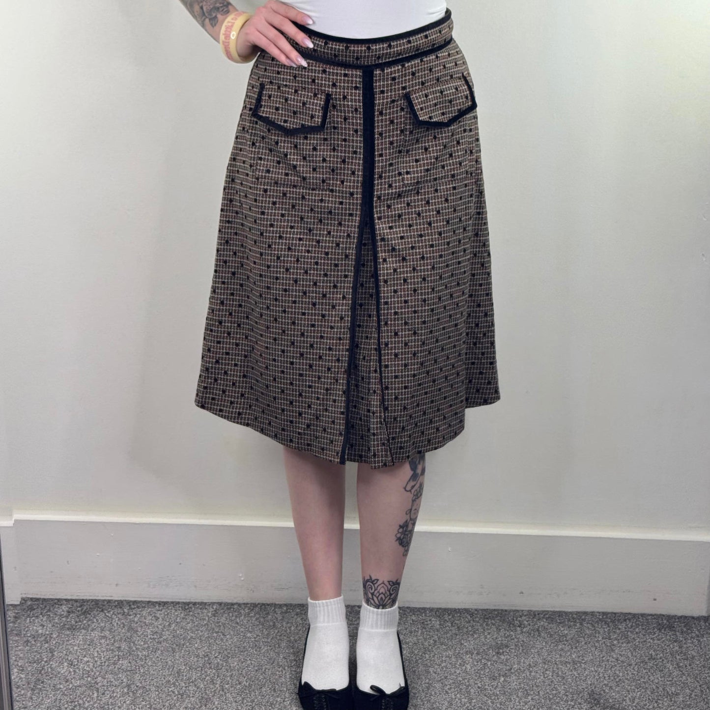 Y2K vintage polka dot midi skirt a line houndstooth velvet trim flowy circle