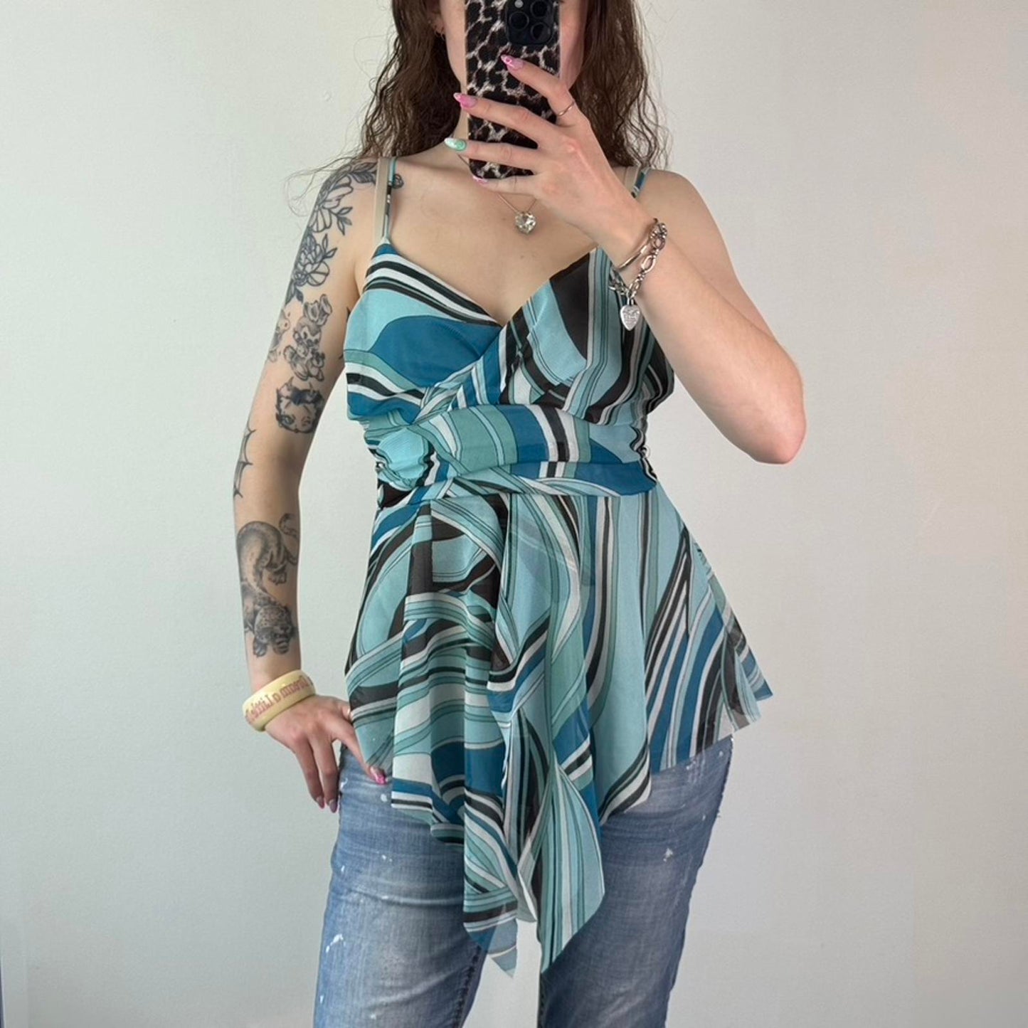 Y2K vintage mesh swirly cami top asymmetrical pattern v neck floaty flowy summer
