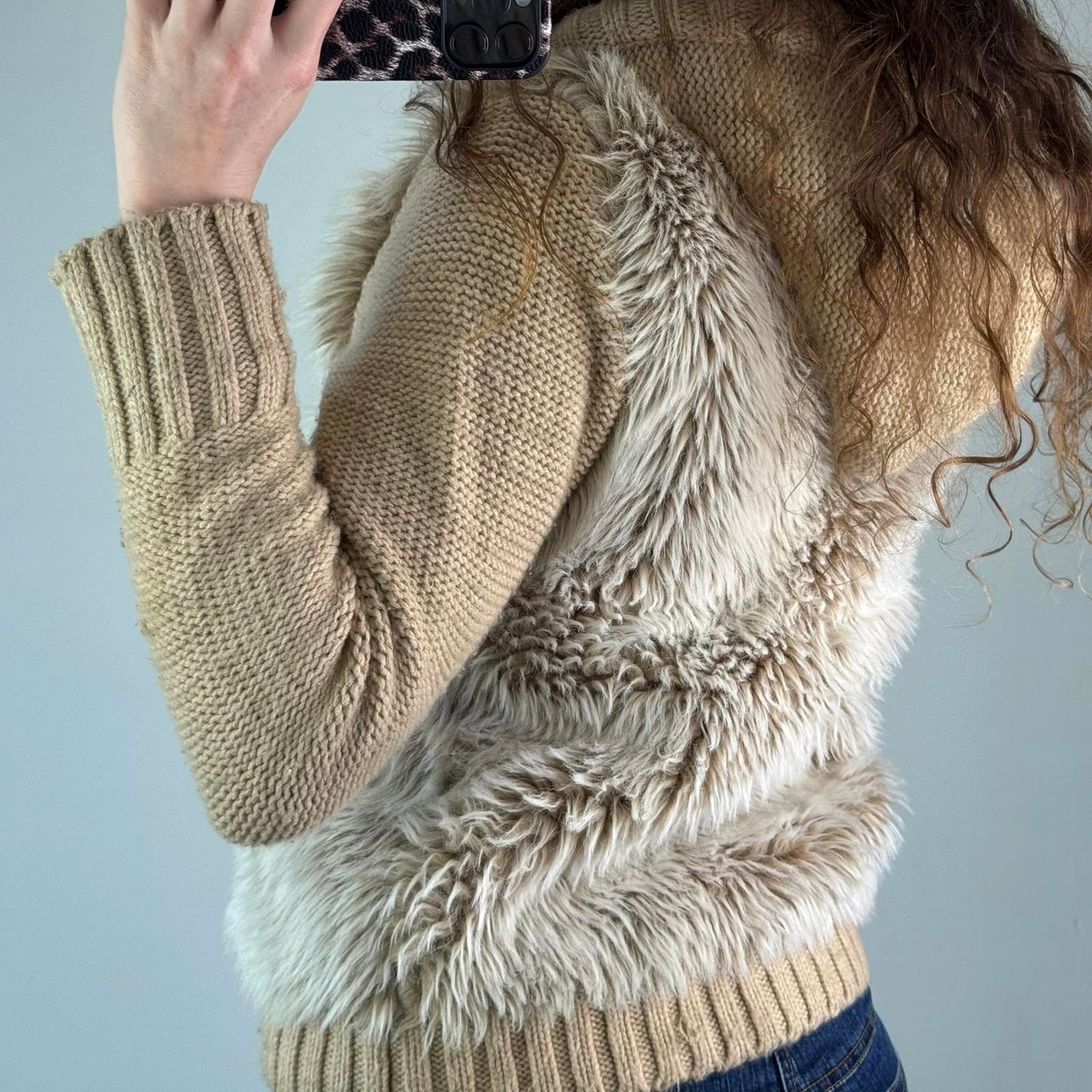 Y2K vintage faux fur zip up chunky knit hoodie mcbling