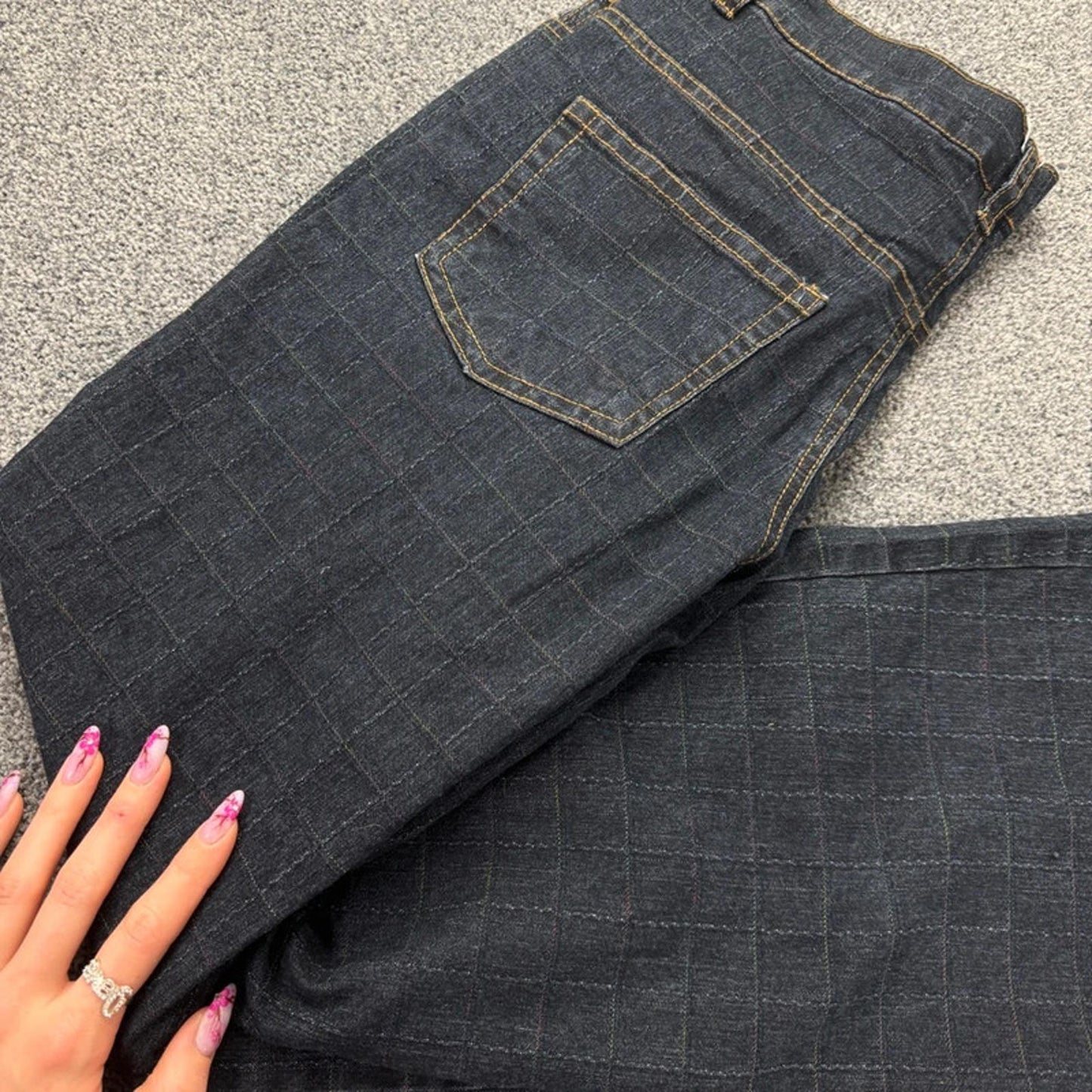 Y2K mid rise dark denim bootcut jeans chequered grid square print flare leg